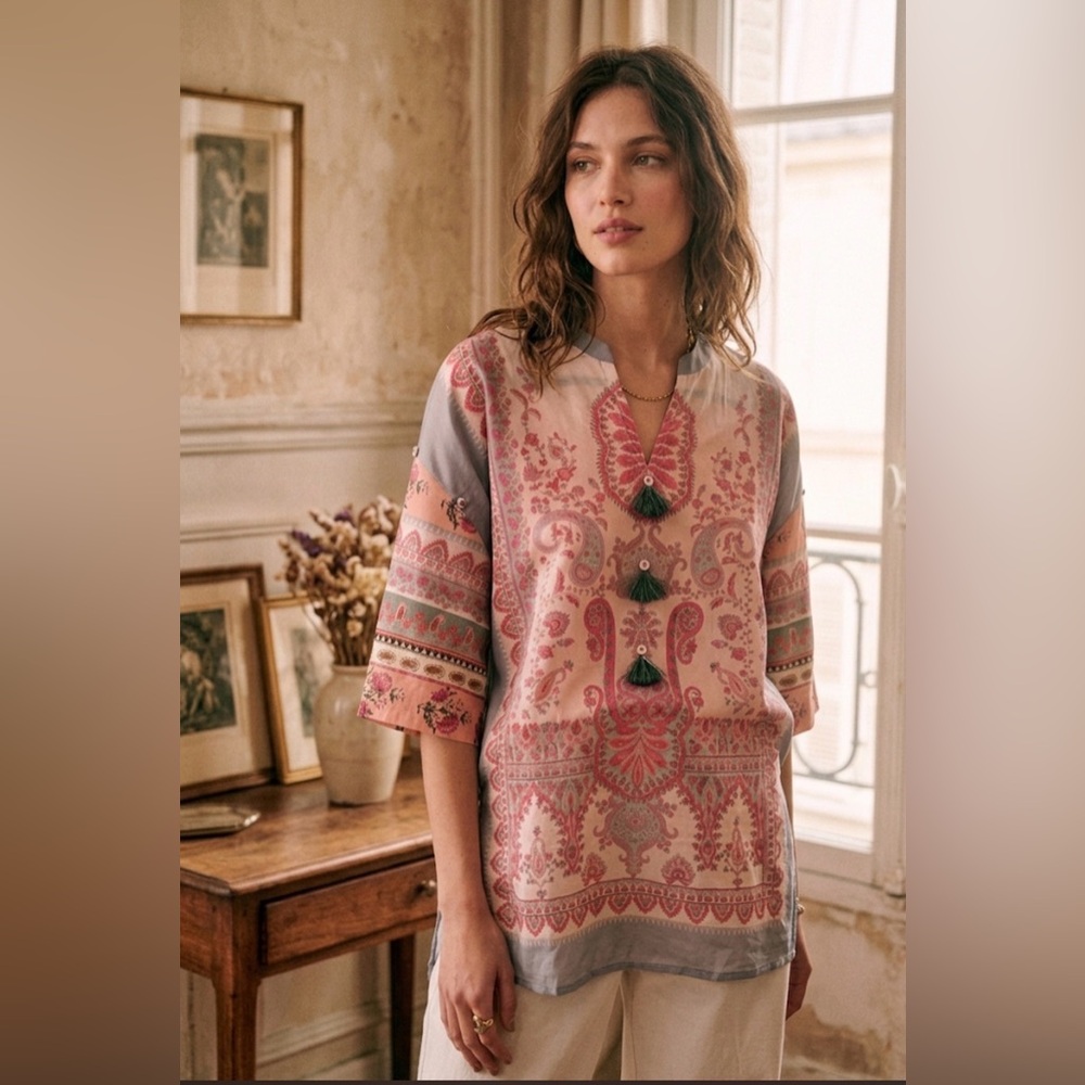Ethnic 100% Cotton Paisley Print Tunic - Size S - French Girl Chic